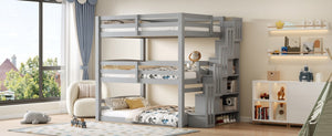 English Elm Full Size Triple Bunk Bed Solid Pine Frame with Storage Staircase Separate Convertible Design Gray N7090000477E
