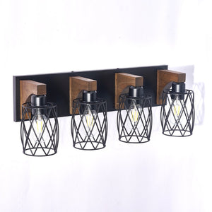 English Elm 4-light Industrial Farmhouse Vanity Bar Wood Backplate Matte Black Cage Bathroom Sconce T3963P458304