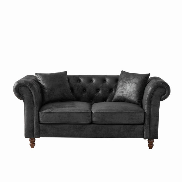 English Elm 66"Chesterfield Tech Fabric Sofa with Roll Armrests, 2-Seater Mid-Century Upholstered Comfort Black W3373S00003