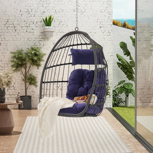 English Elm Outdoor Handwoven Pe Rattan Egg Swing Chair with Steel Frame and Waterproof Cushion W874127490