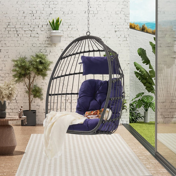 English Elm Outdoor Handwoven Pe Rattan Egg Swing Chair with Steel Frame and Waterproof Cushion W874127490