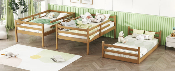 English Elm Triple Rubber Wood Bunk Bed with Built-In Ladders and Guardrails Maximizes Space for Families, Durable Design White Oak W504S00176