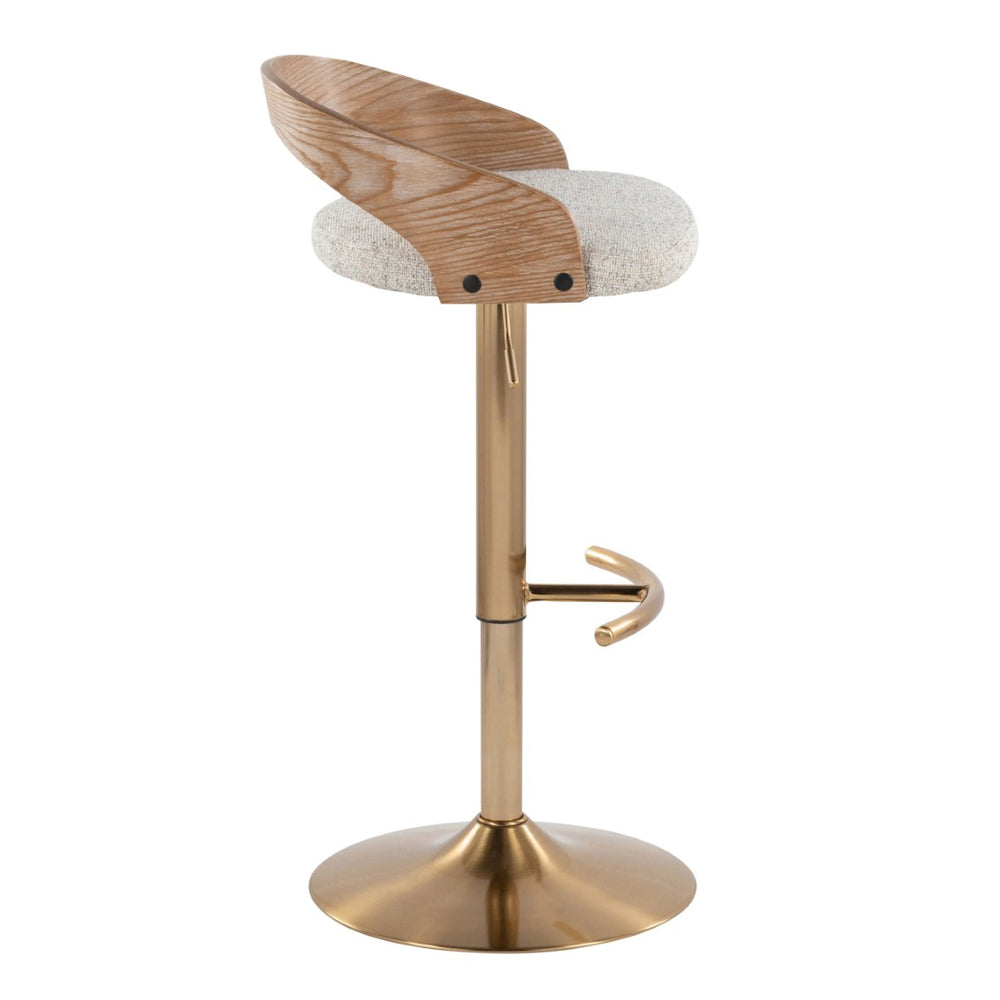 English Elm Adjustable Swivel Barstools Set of 3 Whitewashed Wood Oat Upholstered Gold Base B202S02187