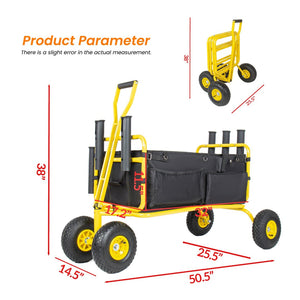 English Elm Fishing Beach Cart Collapsible Heavy Duty Wagon with All Terrain Wheels Rod Holders Yellow W2932P417636