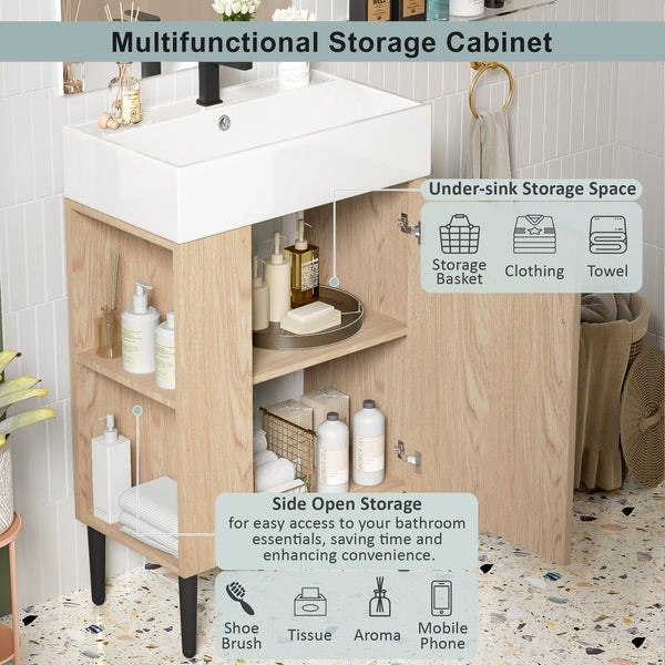 English Elm 21.6" Wood Left Side Storage Bathroom Vanity with Ceramic Sink, Soft-Close Door, Gold Handles, Modern SV000007AAD