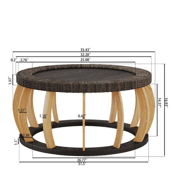 English Elm 35.43"vintage Woven Rattan Round Coffee Table Curved Wood Legs Boho Living Room W757P445115