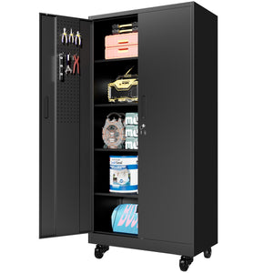 English Elm Heavy Steel Garage Cabinet with Pegboard Doors Locking Wheels and Adjustable Shelving T2398P465997