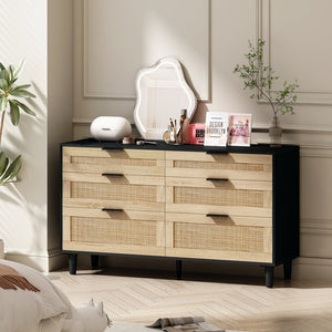 English Elm 51" Rattan Dresser with Six Drawers, Stylish Woven Storage Chest with Metal Handles and Wood Legs for Bedroom Hallway Living Room Black W757P209508