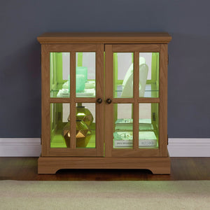 English Elm Led Curio Display Cabinet - Antique Oak Showcase With Adjustable Shelves, Remote & Lattice Doors For Home W2275P231692