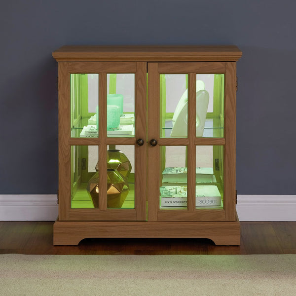 English Elm Led Curio Display Cabinet - Antique Oak Showcase With Adjustable Shelves, Remote & Lattice Doors For Home W2275P231692