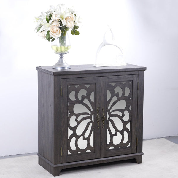 English Elm Elegant Mirrored Sideboard with Butterfly Carved Doors Wood Grain Finish Dining Storage Dark Brown W2899P372739