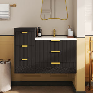 English Elm 24inch Bathroom Vanity with Sink - Wall-Mounted Floating Combo with Ceramic Basin, Modern L-Handle Design Black N710S324097B