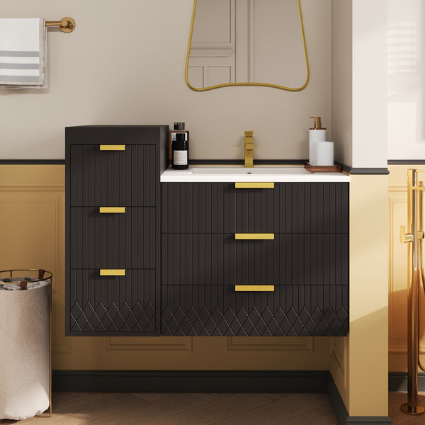English Elm 24inch Bathroom Vanity with Sink - Wall-Mounted Floating Combo with Ceramic Basin, Modern L-Handle Design Black N710S324097B