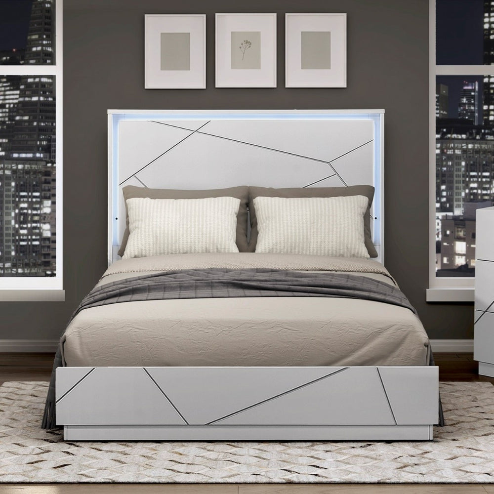 English Elm Glamorous White Lacquer California King Bed with Led Headboard and Geometric Accents B011S02214