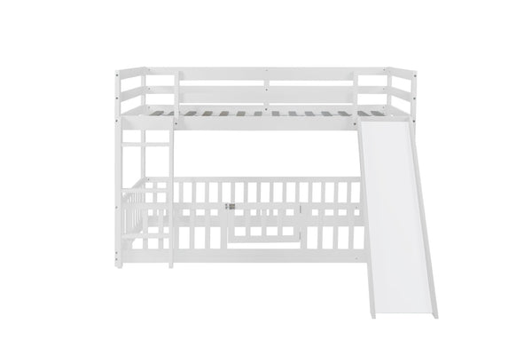 English Elm Twin Over Twin Floor Bunk Bed With Slide & Ladder - Solid Pine Wood, White Finish, Safe & Fun Design! W504S00190-GIGA