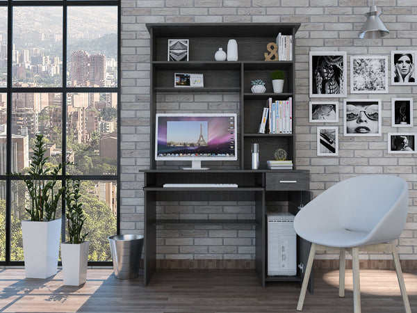 English Elm Weston Oak Writing Computer Desk with Hutch, Single Drawer & Cabinet, Six Shelves for Organized Workspaces B128S00171