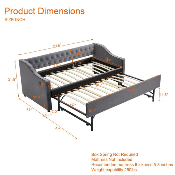 English Elm Twin Velvet Daybed with Pull Out Trundle Tufted Back Usb Port and Side Pockets Grey W1361S00036