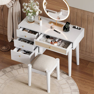English Elm 39" Retro Bohemian Makeup Vanity Set with Rattan Drawers, USB Charging Port, Cushioned Stool, 4-Drawer Storage White 44.1 L x 18.75 W x 10.5 H N733P180011K