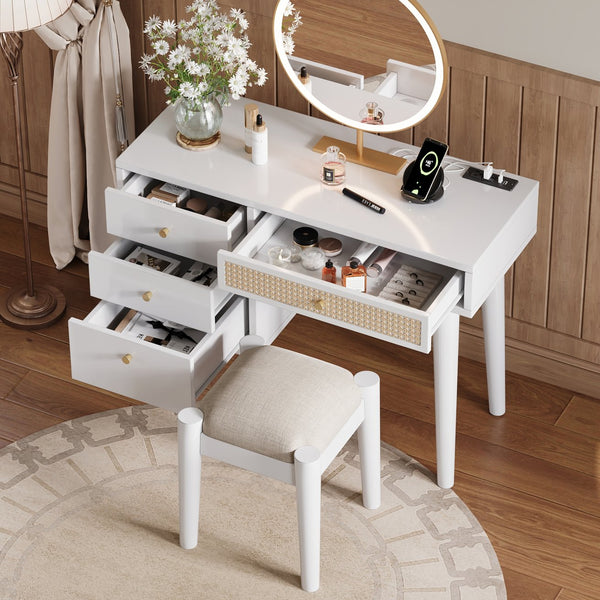 English Elm 39" Retro Bohemian Makeup Vanity Set with Rattan Drawers, USB Charging Port, Cushioned Stool, 4-Drawer Storage White 44.1 L x 18.75 W x 10.5 H N733P180011K
