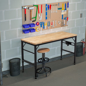 English Elm Adjustable Height Workbench 60" Rubber Wood Top with Power Outlets, 2000 lb Capacity, Heavy-Duty W1422P218519