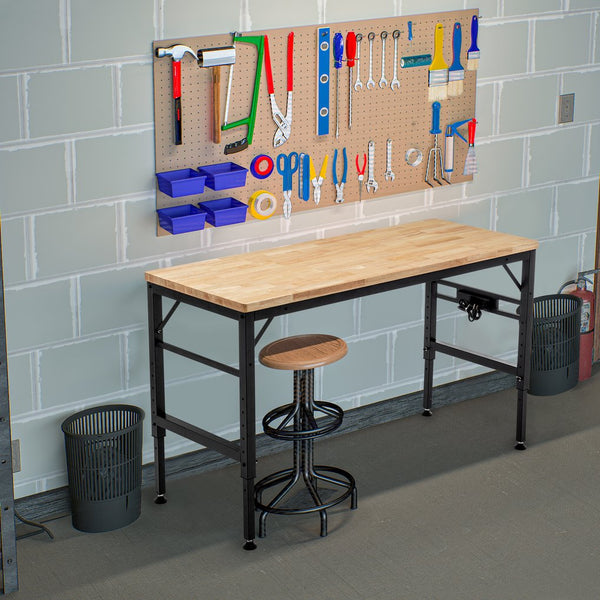 English Elm Adjustable Height Workbench 60" Rubber Wood Top with Power Outlets, 2000 lb Capacity, Heavy-Duty W1422P218519