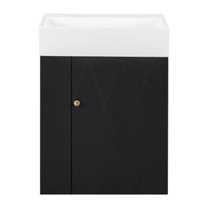 English Elm 20 Modern Wall-Mounted Bathroom Vanity with Ceramic Sink, Diamond Door, Gold Handles & Shelves — Compact Black N725P314033B