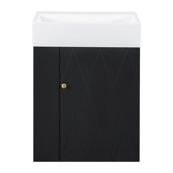 English Elm 20 Modern Wall-Mounted Bathroom Vanity with Ceramic Sink, Diamond Door, Gold Handles & Shelves — Compact Black N725P314033B
