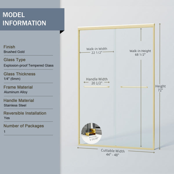 English Elm 44" Semi-frameless Double Sliding Shower Door Brushed Gold Tempered Glass Walk-in W1920P388013