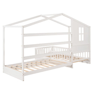 English Elm Wood House Twin L-shaped Kids Bed Solid Pine Playhouse Frame with Slatted Support LP001345AAK