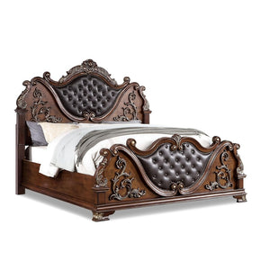 English Elm Luxurious Tufted Leatherette California King Bed Baroque Carved Wood Formal Bedroom B2741S00812