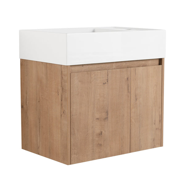 English Elm 24 Inch Bathroom Cabinet Resin Sink Vanity with Soft-Close Doors, Beveled Handle, Water-Resistant Finish Imitative Oak W999P228748