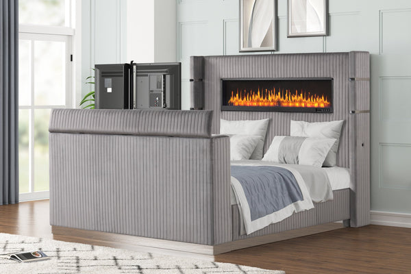 English Elm Lavish Queen Bed with Integrated Fireplace Headboard and Built-In TV Stand for Up to 43" TVs Gray B009S01861