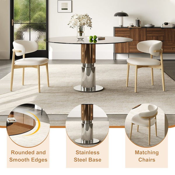 English Elm 35-inch Round Tempered Glass Dining Table with Steel Base for Small Apartments W509S00162