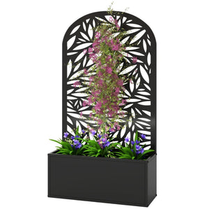 English Elm Freestanding Metal Raised Garden Bed with Leaf Trellis Panel for Patios and Balconies T3971P455193