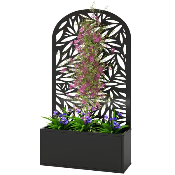 English Elm Freestanding Metal Raised Garden Bed with Leaf Trellis Panel for Patios and Balconies T3971P455193