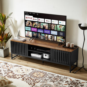 English Elm 63 Vintage Bevel TV Stand 63-inch Media Console with Drawers and Open Shelves, Rustic Artful Design Black+Brown W578P193305