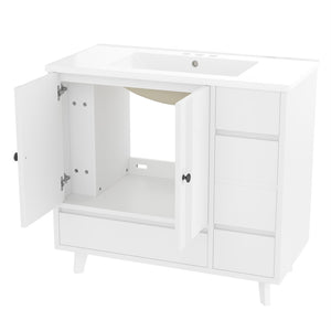 English Elm 36" Freestanding Bathroom Vanity Solid Wood Cabinet Ceramic Basin Four Drawers White W1580P382510