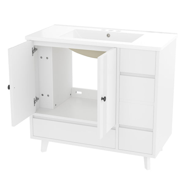 English Elm 36" Freestanding Bathroom Vanity Solid Wood Cabinet Ceramic Basin Four Drawers White W1580P382510