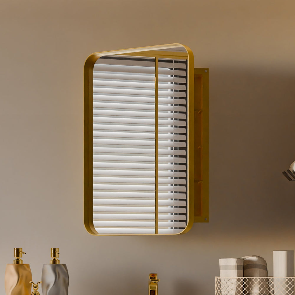 English Elm 20x30 Recessed Metal Framed Medicine Cabinet Mirror in Matte Gold with Adjustable Shelves, Elegant Bathroom Storage W1435P312259