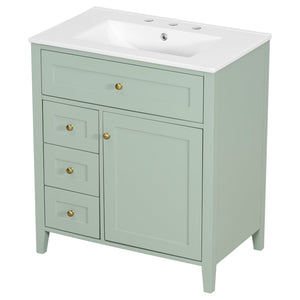 English Elm 30-Inch Contemporary Bathroom Vanity with Sink, MDF & Rubberwood, Glossy Finish, 3 Drawers + Cabinet Green N725P350819F