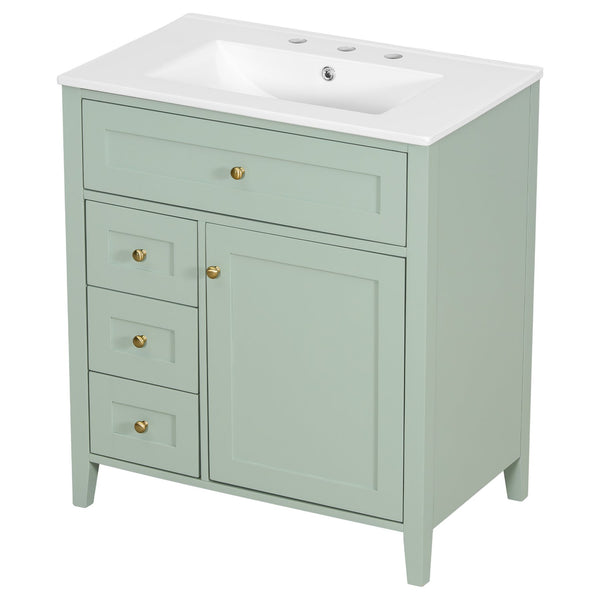 English Elm 30-Inch Contemporary Bathroom Vanity with Sink, MDF & Rubberwood, Glossy Finish, 3 Drawers + Cabinet Green N725P350819F