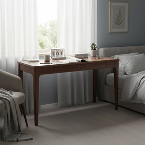 English Elm Solid Wood Desk with Drawers - Mid Century Walnut Standing Desk, Smooth Edges, Double Drawer Storage for Small Spaces and Home Office W3204P383053