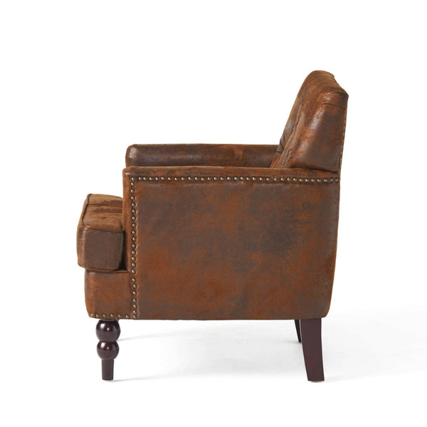 English Elm Brown Microfiber Club Chair with Tufted Back Nailhead Trim and Rubberwood Legs N758P438153B