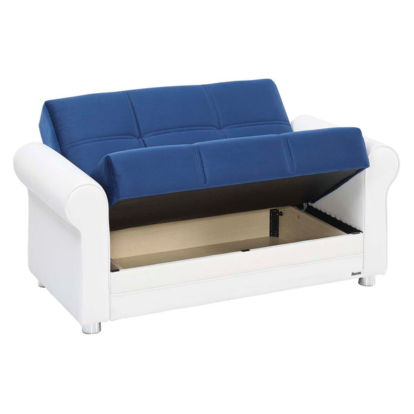 English Elm PrimeNest Ithara convertible upholstered loveseat with storage, sleeper sofa, leatherette comfort and sturdy design Blue,White PU B030P281721