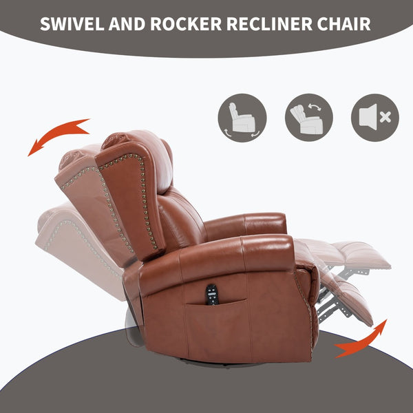 English Elm Heat Massage Rocker Recliner Genuine Leather Swivel Chair with Lumbar Vibration Nodes W3224S00016