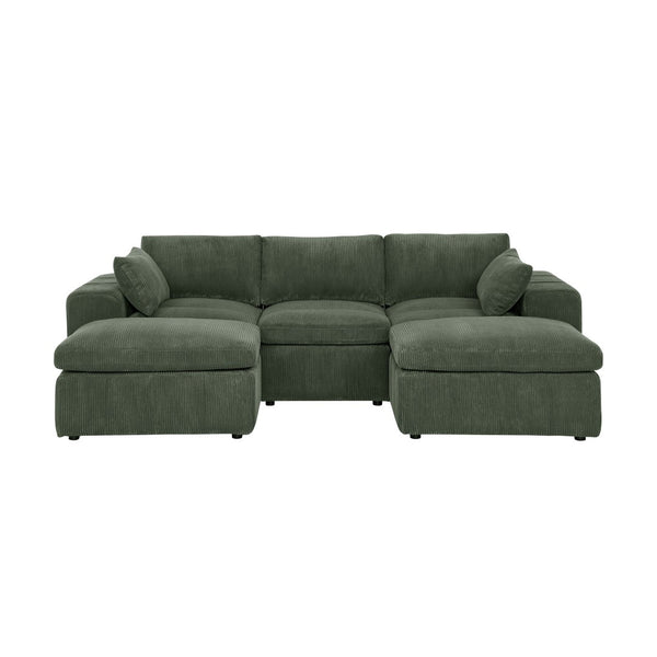 English Elm Large Corduroy Modular Sectional Sofa with Two Ottomans for Family Room Comfort Dark Green B2748S00042