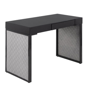 English Elm Upholstered Writing Desk with Silver Velvet Panels Black Steel Base and Dark Wood Top B202P471627