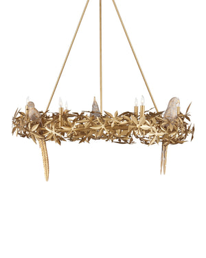 Currey & Company Aviary Gold Ring Chandelier - Elegant Botanical Design With Sculptural Birds And Adjustable Height Gold Wrought Iron ,Composite 9000-1320-currey-company