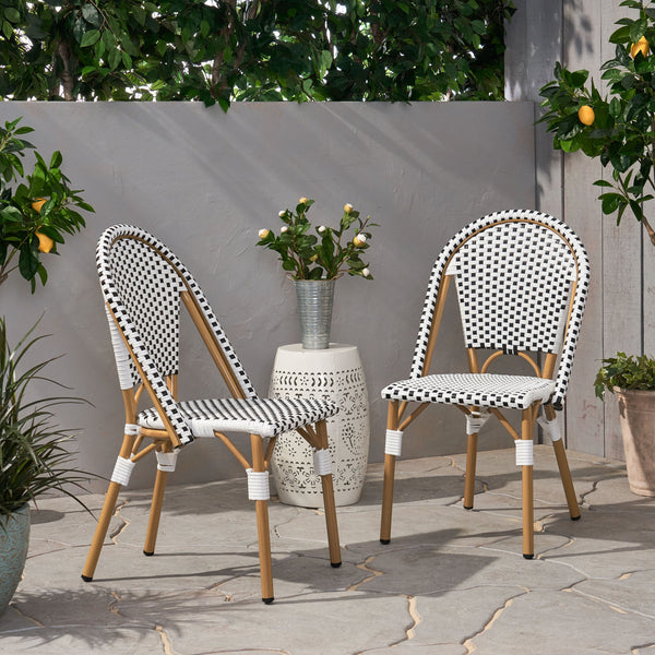 English Elm Christopher Knight Home® - FRENCH Bistro Chair with Rattan Weave, Aluminum Frame and Bamboo Finish for Stylish Outdoor Seating White+Black 69958.00BLK