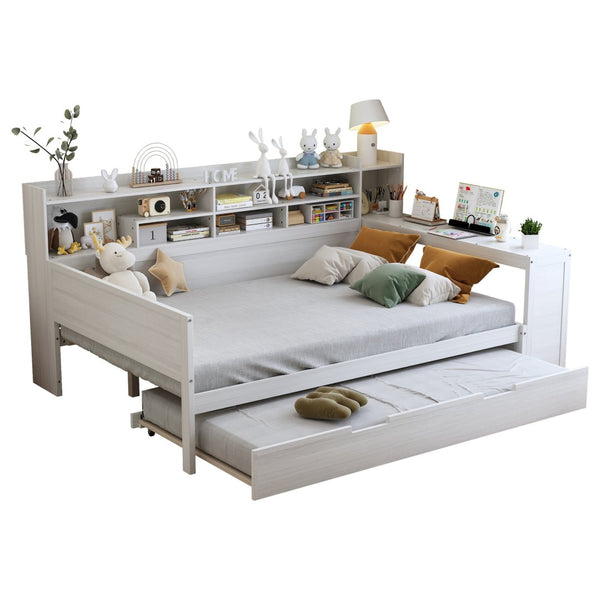 English Elm Wooden Twin Daybed with Trundle Built-in Desk and Open Shelves for Kids Rooms Antique White N733S373391K